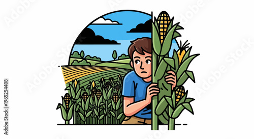 Young person peeking from behind cornstalks in a field under a cloudy sky