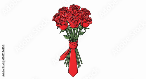 A bouquet of red roses with green stems, tied with a red ribbon shaped like a tie