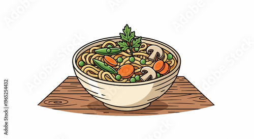 A bowl of steaming noodles with fresh vegetables and mushrooms sits on a wooden board