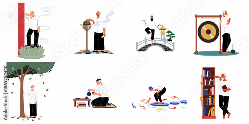 Flat Vector Illustrations of Senior Asian Men Practicing Mindfulness, Traditional Tea Ceremonies, Meditation, and Cultural Activities in Peaceful Settings