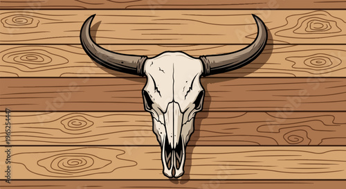 A bull skull with large horns rests on a wooden plank wall