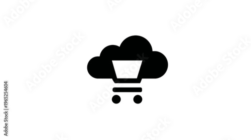 Black graphic of a shopping cart nested in a cloud shape, suggesting online shopping or cloud storage