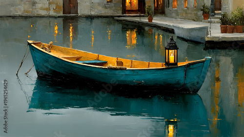 Floating Candle on Teal Boat at Dusk