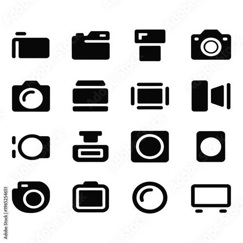 Camera and photography icons set, digital imaging devices, photo equipment, lens elements, video recording tools, creative media technology