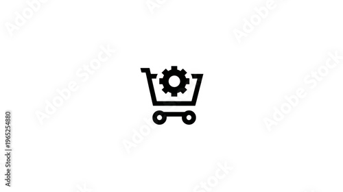 Black and white illustration depicting a shopping cart icon with a gear icon inside it
