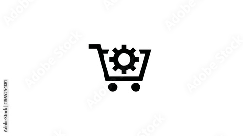 Black shopping cart icon with a gear in the center, on a clean white background