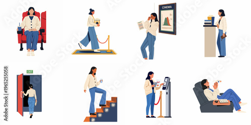 Collection of illustrations showing a woman's experience at the cinema, from buying tickets and snacks to watching a movie.