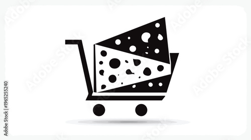 A shopping cart holds a large cheese wedge, a black and white geometric illustration