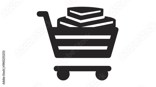 A black and white shopping cart silhouette filled with a stack of books
