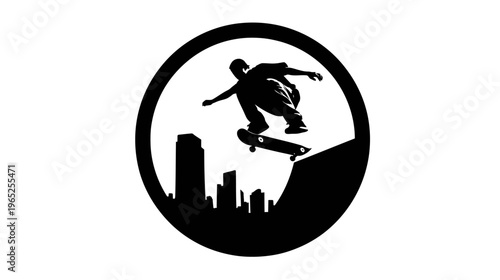 A black silhouette of a skateboarder mid-air over a city skyline, framed within a circular border