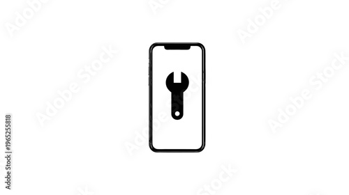 A simple, black illustration of a mobile device with a wrench icon centered on its display