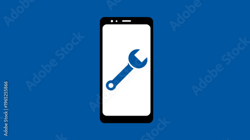 A stylized mobile phone with a blue wrench icon on the white screen, on a blue background