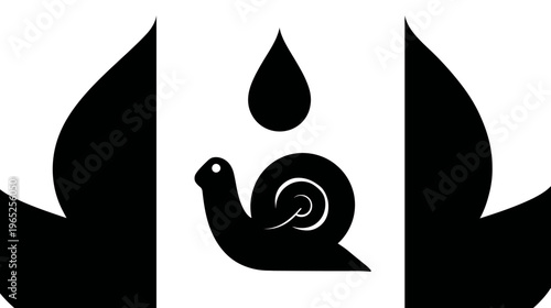 A minimalist illustration of a snail with a water droplet, flanked by abstract curved shapes