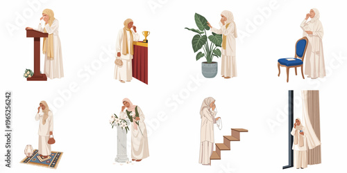 Set of illustrations showing a grieving Muslim woman in different mourning scenes, wearing white traditional clothes and hijab, expressing sadness and loss.
