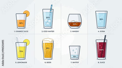 Colorful Drinks Vector Illustration, Beverage Glasses Icon Set, Refreshing Summer Drink Graphics, Juice Soda Water Cocktail Art, Mint Lemon Refreshment Design, Multicolor Beverage Vector Artwork