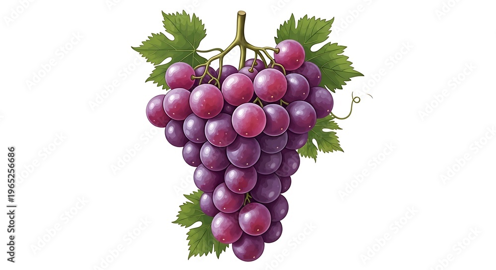 Fototapeta premium A bunch of purple grapes with green leaves on a white background