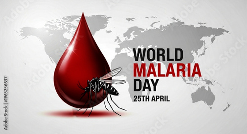 World Malaria Day Banner with Blood Drop Mosquito and World Map