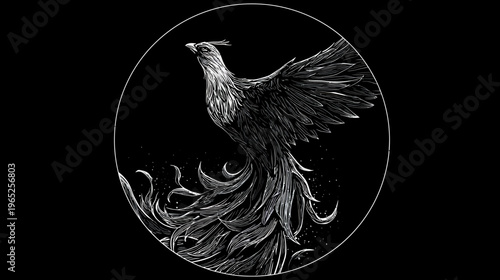 A grayscale illustration of a phoenix rising from flames within a white circular outline against black