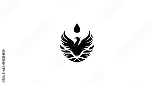 A symmetrical black bird crest, centered on white, features an emblem of rebirth