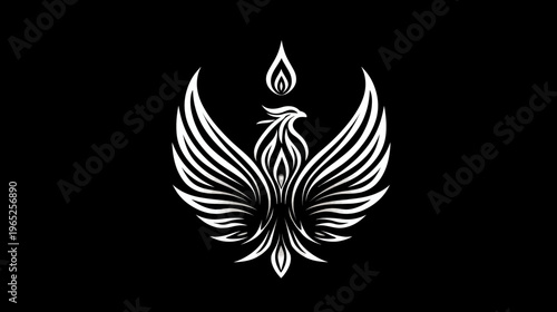 Stylized white bird with outstretched wings on a black background, topped with a flame