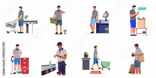 Set of flat vector illustrations depicting a male customer shopping at a grocery store, using a cart, waiting in line, and paying.