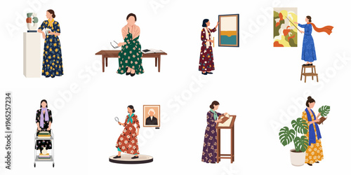 Vector illustrations of women engaged in cultural and artistic activities including art curation, museum management, historical research, and creative restoration.