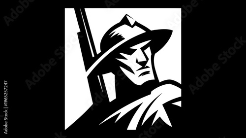 Stylized black and white portrait of a soldier in a helmet, holding a weapon