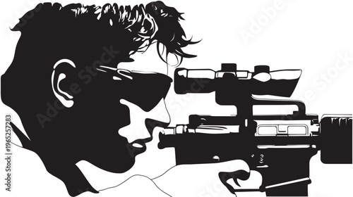 A side profile silhouette of a person aiming a firearm with a scope, in stark black and white