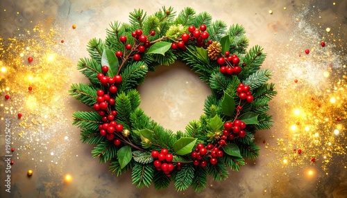 Christmas Holiday Evergreen Wreath with Red Berries on Elegant Golden Abstract Background for Festive Season Celebrations.