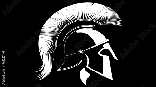 Graphic black and white image of a classical military helmet, stylized with details and lines