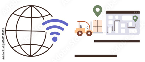 Supply chain, logistics, shipment tracking, global network, wireless technology, route planning. A globe with a wireless icon, a forklift and a map. Logistics and shipment tracking concept