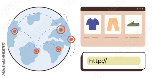 E-commerce, online shopping, global business, digital marketing, international trade, web navigation. Image shows a globe with location icons and a browser window displaying products. E-commerce