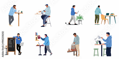 Vector Flat Illustration Set of Men in Hoodies Working Remotely with Laptops, Drinking Coffee, and Studying in Modern Workspace Environments.