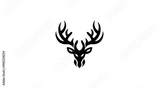 A stark, minimalist illustration of a deer head with prominent antlers against a pure white background