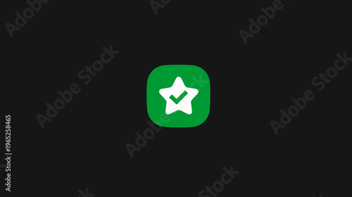 A white star with a checkmark inside, atop a green rounded square, on a black background