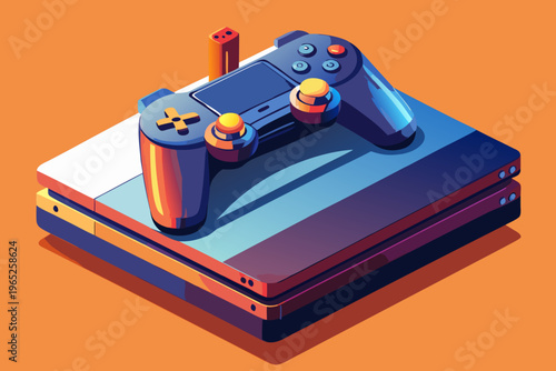 Game controller resting on stacked gaming console on orange