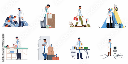 Flat Illustrations of Doctors Providing Humanitarian Aid and Medical Assistance in Disaster-Stricken Areas, Emergency Relief Scenarios, and Remote Locations