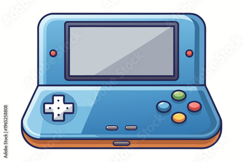 Handheld gaming console folded open on white background
