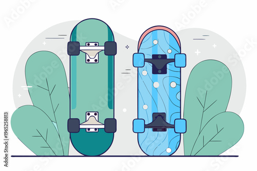 Two skateboards standing upright beside green plants on white backdrop