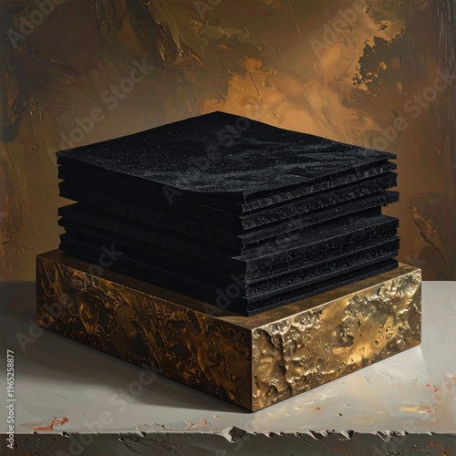 A stack of black squares on a gold base