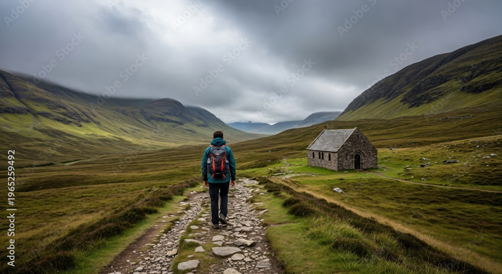 Obraz premium Solo Male Hiker on a Spiritual Pilgrimage Path Towards a Remote Stone Chapel in Misty Highlands