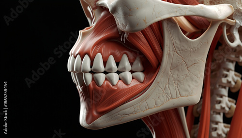 A detailed anatomical model of a human skull with exposed muscles and teeth