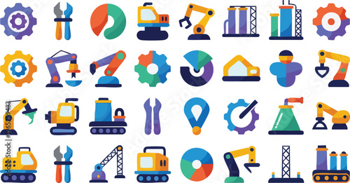A modern and vibrant set of engineering and technology icons featuring tools, gears, machines, and industrial concepts