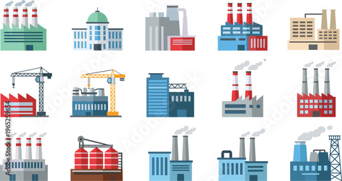 Industrial factory buildings and manufacturing plants flat icons set, power plants, warehouses, cranes, refineries, industrial infrastructure vector illustration collection