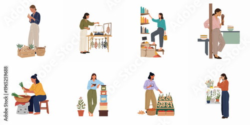 Collection of flat vector illustrations depicting diverse women working in herbal shops, organic markets, and artisan studios with botanical products.