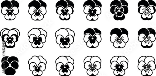 Collection of black and white pansy flower symbol