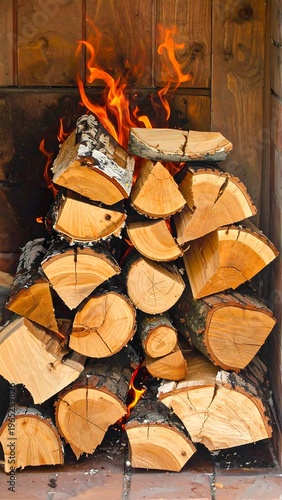 A stack of cut wood with fire on top against a wooden wall