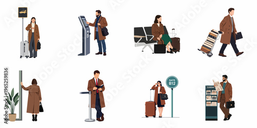 Diverse people in business attire navigating an airport terminal for travel and business trips, featuring check-in, waiting, and luggage scenes.