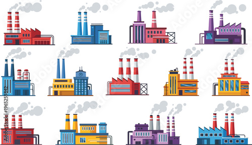 Industrial factory icons set with smokestacks, manufacturing plants, power stations and refineries, flat vector collection of heavy industry buildings isolated illustration