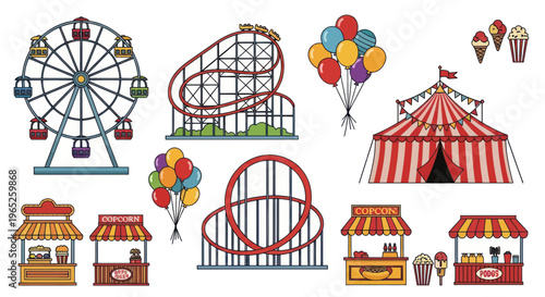 Carnival Fairground Attractions: Ferris Wheel, Rollercoaster, Circus Tent, Stalls, Balloons, Ice Cream